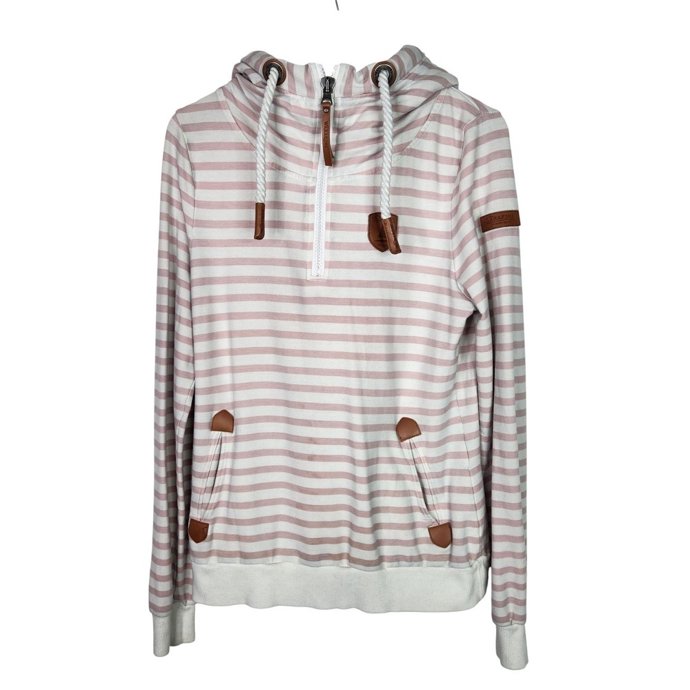 WANAKOME Hoodie Womens Medium Pink White Striped 1/4 Zip Cowl Neck Pullover‎